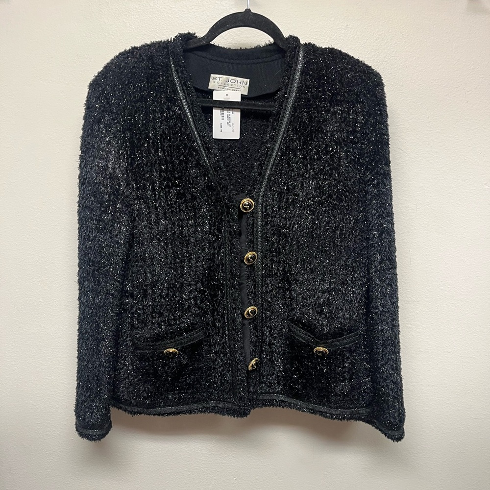 St. John Black Textured Knit Cardigan with Gold Buttons
